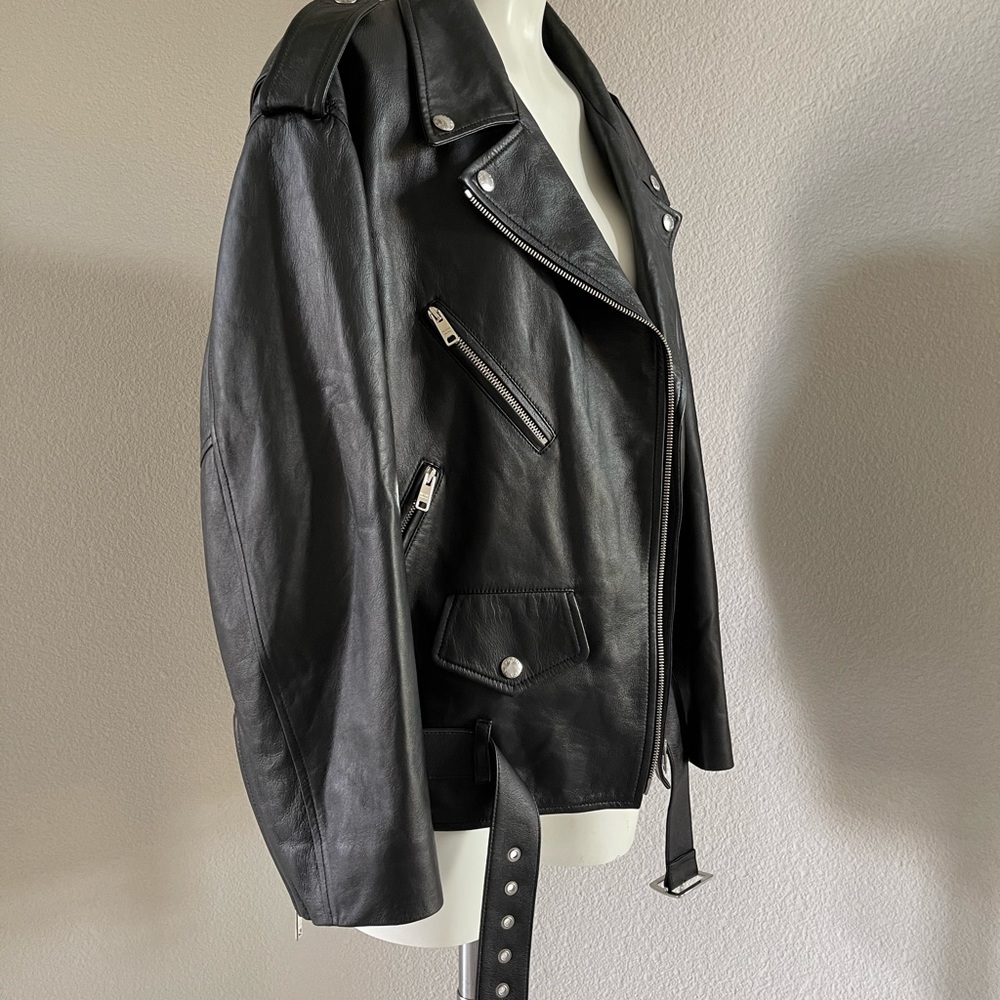 PRADA Oversized Black Biker Leather Jacket Size 42 - Picture 3 of 13